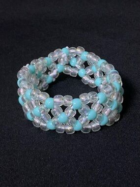 Handmade Transparent And Blue Pony Bead Cuff Bracelet